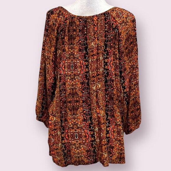 Relativity Boho Peasant Top Blouse XL Brown Orange Paisley Print Rayon Pullover - Picture 2 of 8